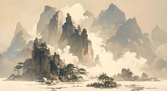 4K中国古典风水墨画水墨山水画禅意风景