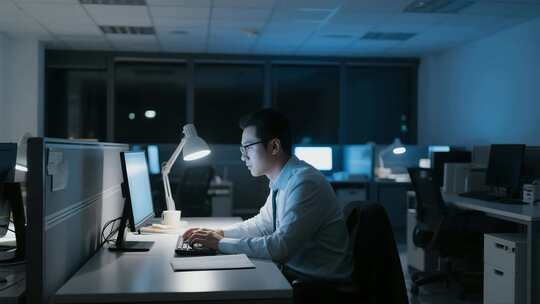 职场人士白领办公室深夜加班工作白领加班