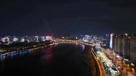 城市夜景河流桥梁航拍全景安康夜景
