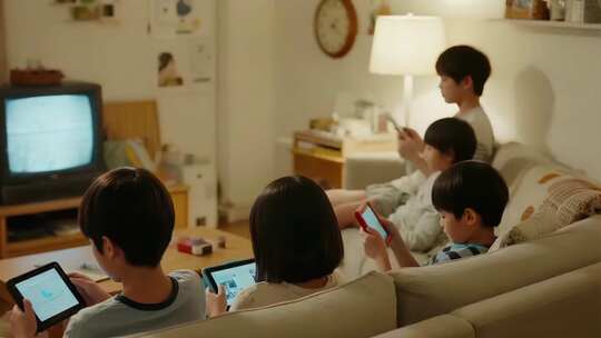 孩子客厅沙发上使用电子设备