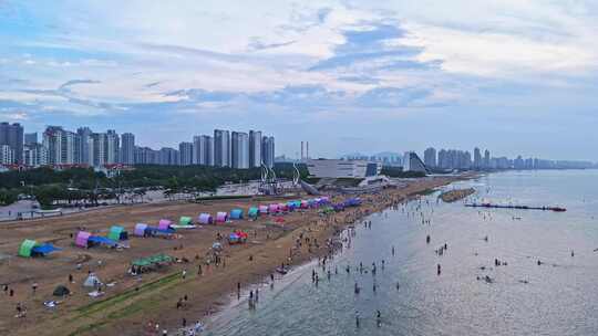 山东烟台金沙滩海滨公园海滩旅游度假航拍