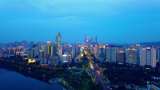 航拍广西南宁民族大道城市夜景