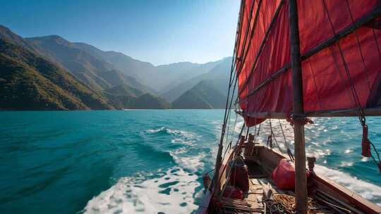 乘风破浪扬帆起航海鸥帆船航行海浪