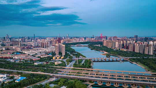 辽宁沈阳浑河胜利桥火车高铁城市夜景航拍