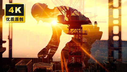 五一劳动节劳动夕阳下建筑工地工人剪影