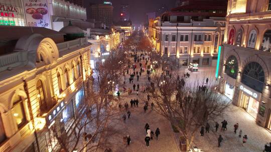 哈尔滨中央大街夜晚雪景航拍