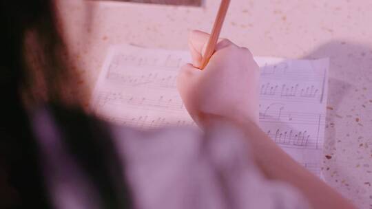女学生写乐谱五线谱音符谱曲作曲乐章创作视频素材模板下载