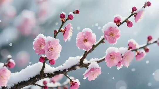 雪中绽放的粉色梅花特写