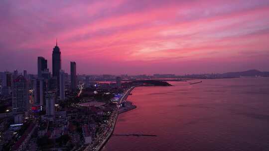 山东烟台海滨广场日落晚霞火烧云航拍