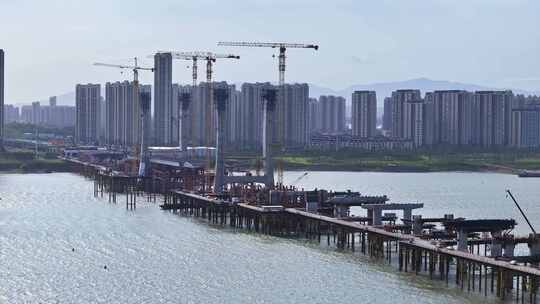 南昌洪州大桥建桥建设中视频素材模板下载