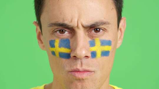 脸上画着瑞典国旗的严肃男人