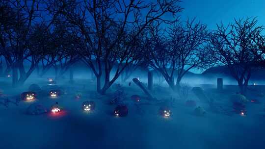 万圣节恐怖夜晚遍布森林的骷髅头南瓜灯视频素材模板下载