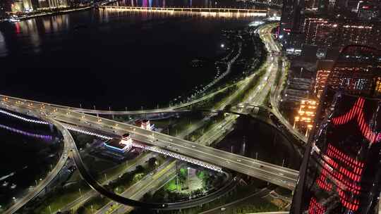 城市夜景错综复杂立交桥交通航拍南昌