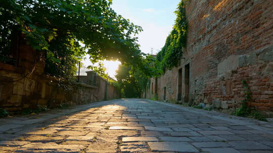 阳光斑驳古巷青石板路