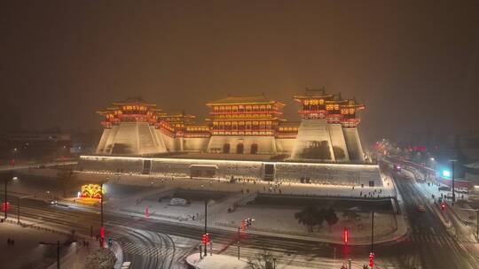 航拍洛阳应天门雪景视频素材模板下载