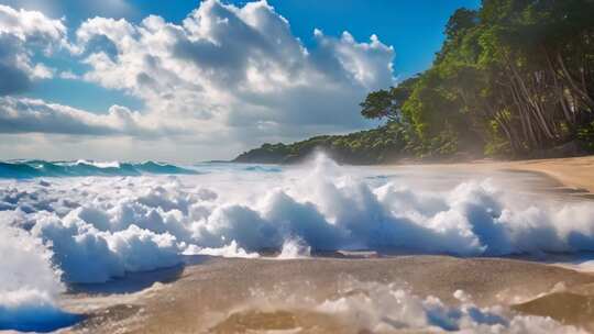 海浪拍打沙滩自然风光