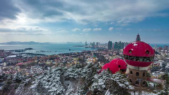 青岛城市风光雪景鸟瞰