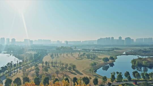 冬日朝阳里的城市湿地生态水系景观