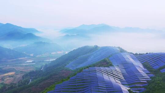 俯拍山上光伏生态工业电力太阳能电池板