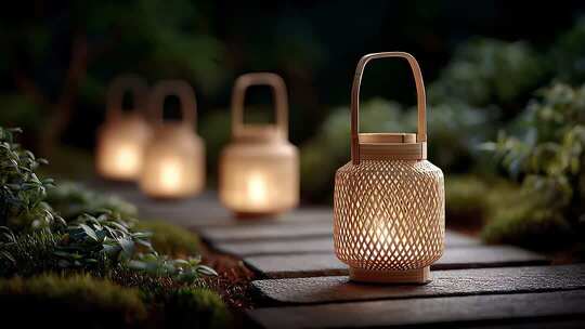 幽静庭院石板路竹灯笼温馨氛围