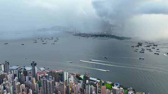 香港维多利亚港CBD中环日出高空航拍