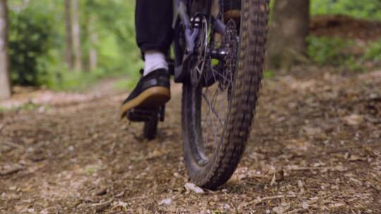 男子骑山地自行车沿林地小径骑行视频素材模板下载