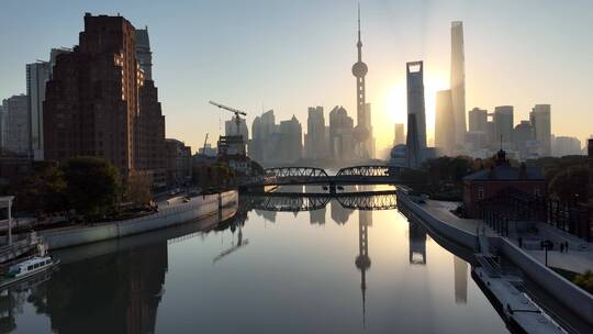 上海苏州河日出航拍风光