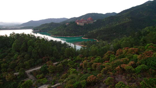 珠海金台寺佛教寺庙夕阳水库航拍