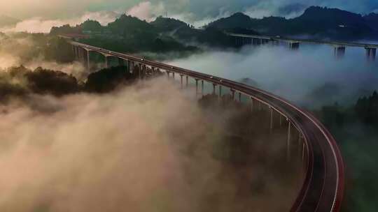 高速公路航拍云海4k跨江高架桥中国建设