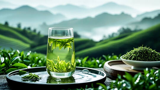 玻璃杯泡绿茶特写