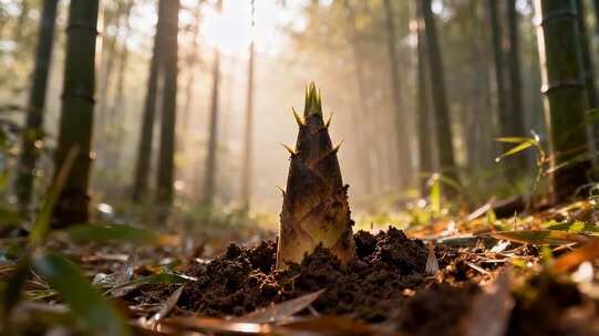 竹林中竹笋破土而出景象