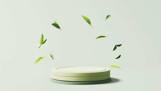 飘动的绿色茶叶与展示台三维渲染