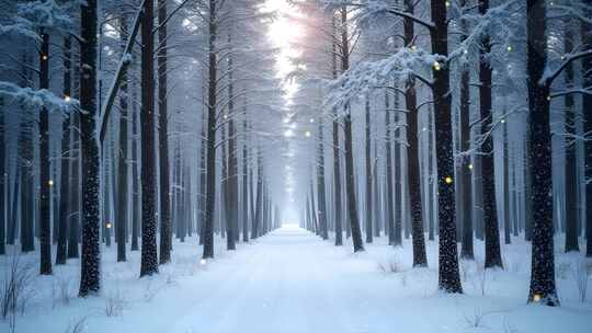 冬季森林树木雪景4k舞台粒子活动背景