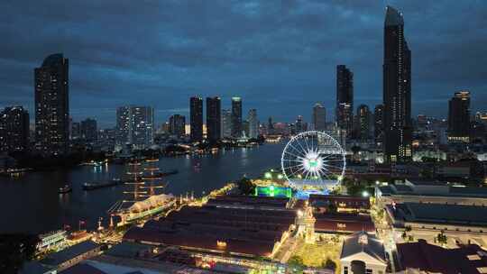 泰国曼谷湄南河亚洲河滨夜市摩天轮航拍风光视频素材模板下载