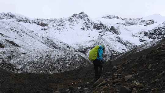 攀登四川甘孜贡巴峰雪山的登山者徒步进山