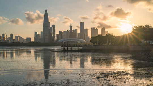 延时8KProRes深圳湾夕阳倒影城市高楼剪影