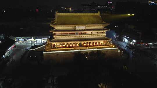 西安空镜航拍钟楼城楼城墙车流古建筑夜景