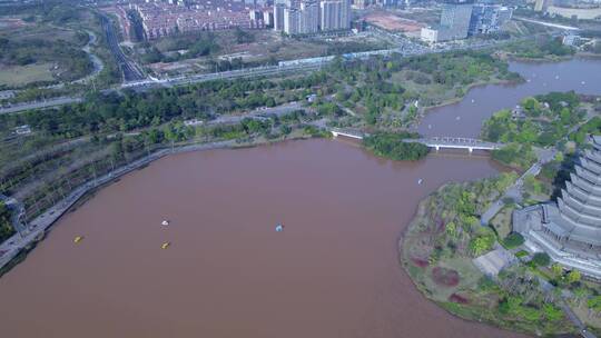 南宁五象新区五象湖与城市建筑航拍风光