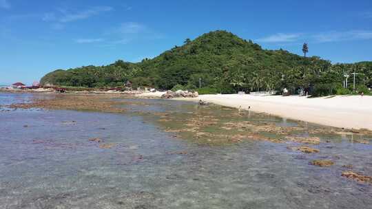 海边沙滩及远处葱郁山林的自然风光