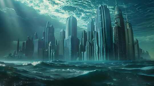 水上城市，被海水包围的现代城市建筑