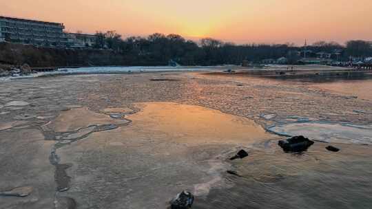 航拍冬季北戴河海边海冰视频素材模板下载