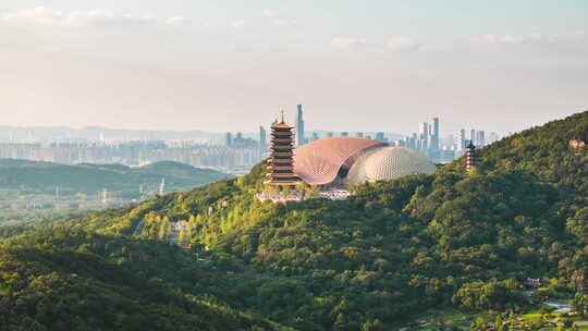 航拍南京牛首山与城市天际线景观