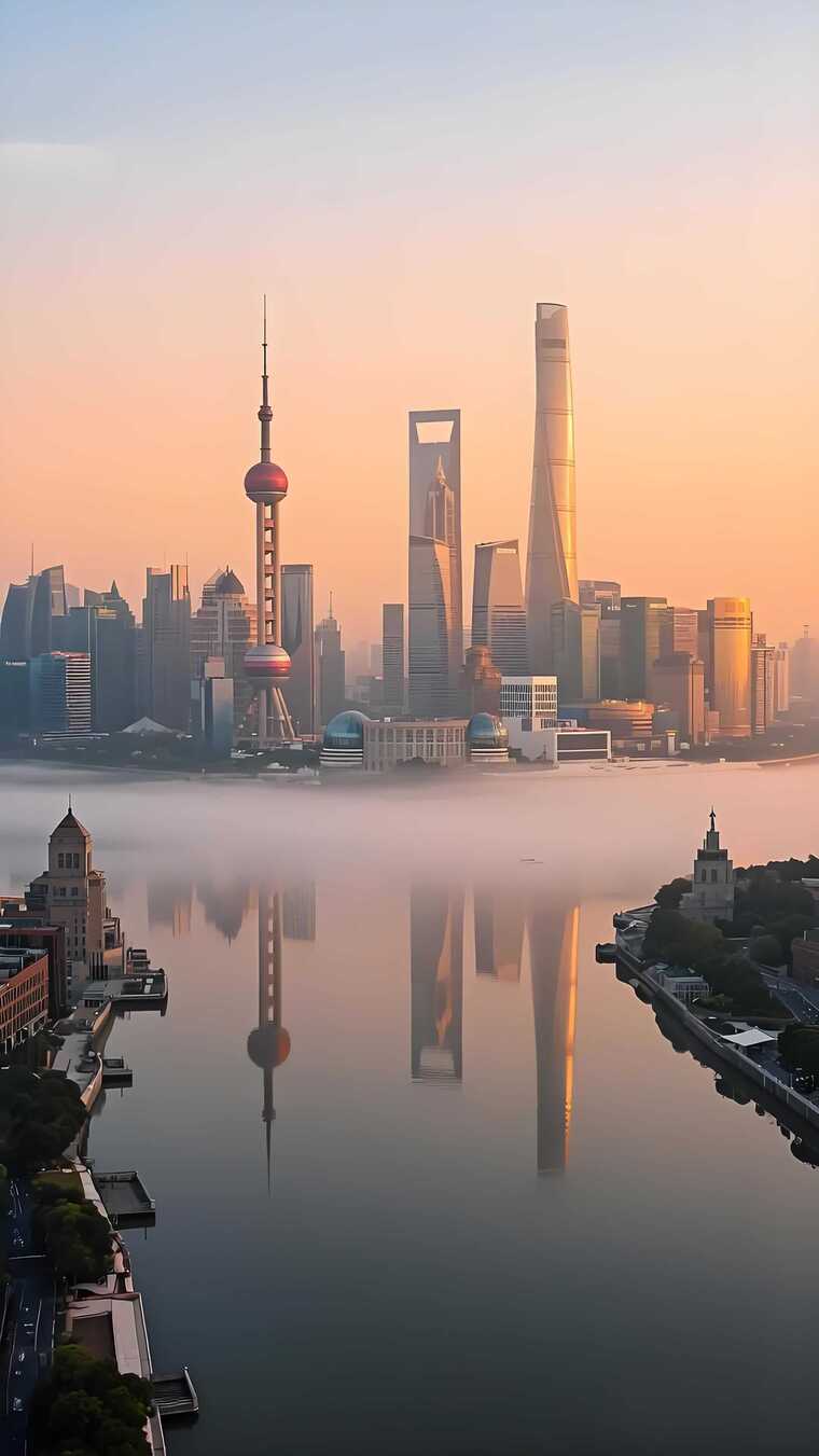 云雾缭绕的上海城市风光