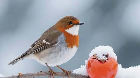 雪地树枝上的小鸟与柿子