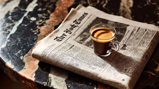 报纸上的一杯浓缩咖啡