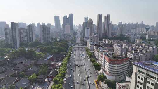 航拍湖北武汉城市交通车流行驶