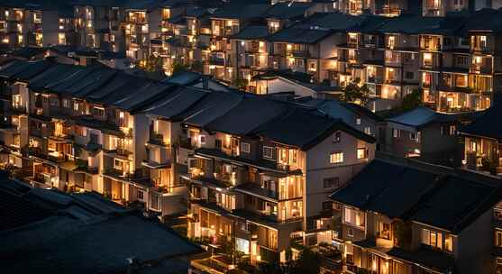 万家灯火小区夜景居民楼开灯亮灯