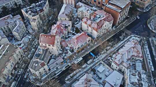 青岛雪景青岛老城区雪景航拍