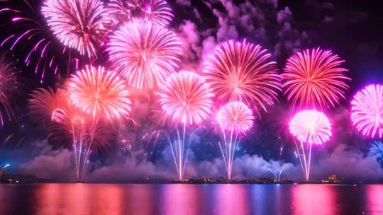 湖面夜景绽放绚丽烟花