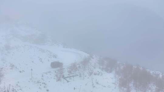 4k航拍车辆行驶在雪后的山林中